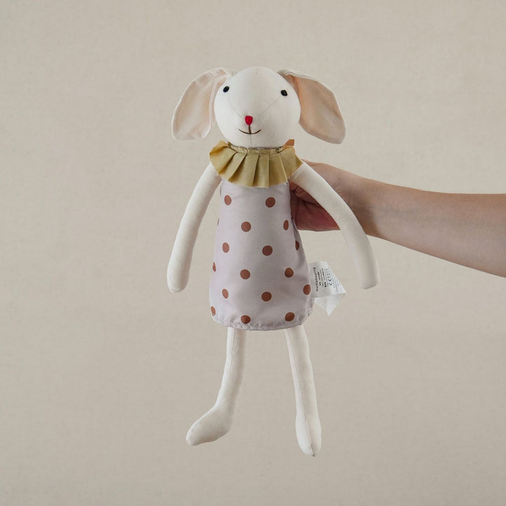 Handcrafted Floppy-Eared Linen Bunny Doll with Embroidered Face and Check Overalls