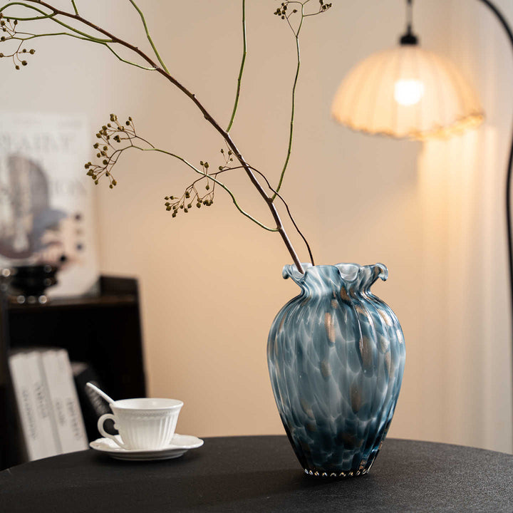 Handblown Sculptural Rippled Bulb Vase with Ruffled Neck Stornfield