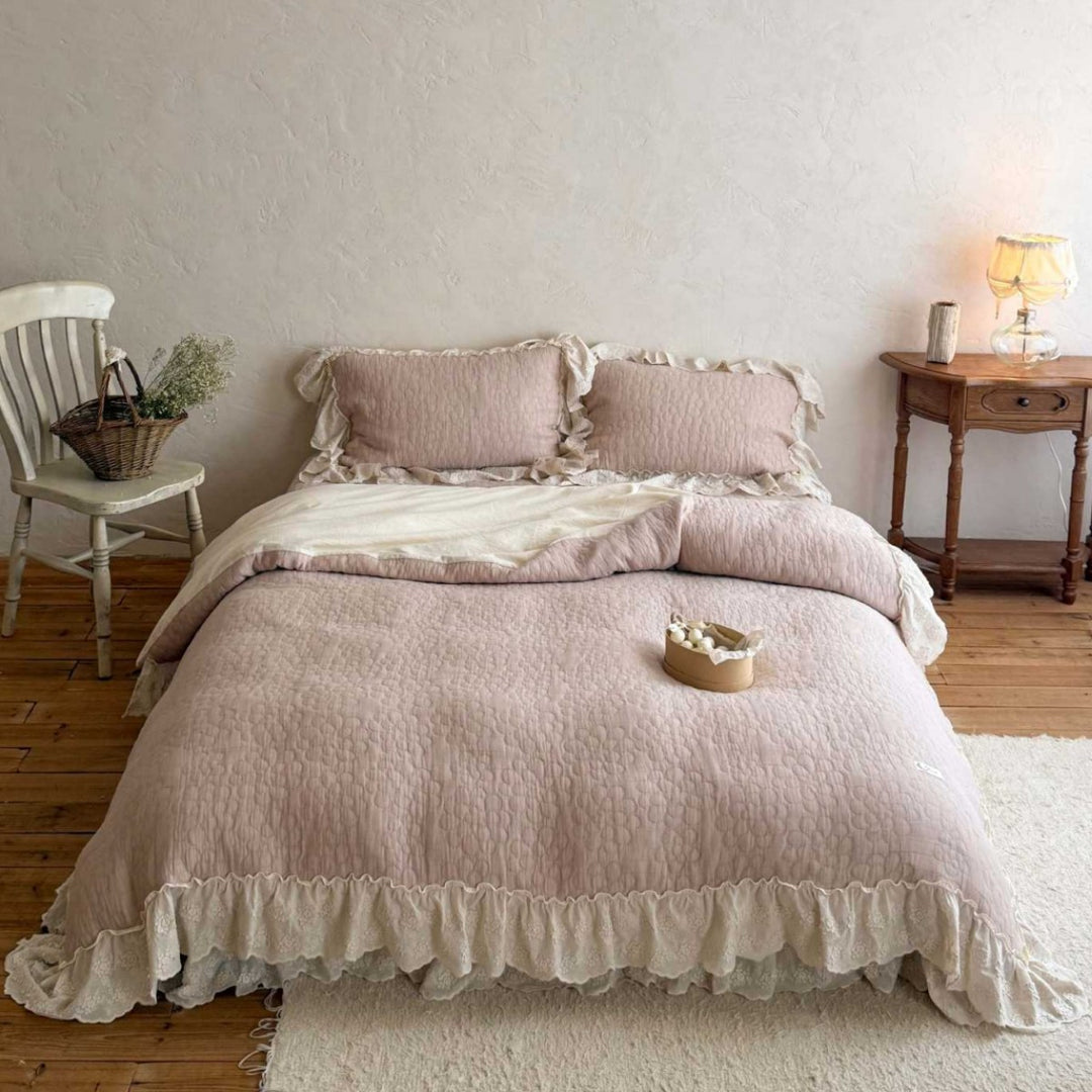 Quilted Ruffled Lace-Trim Bedspread & Reversible Duvet Cover Set with Matching Pillow Shams