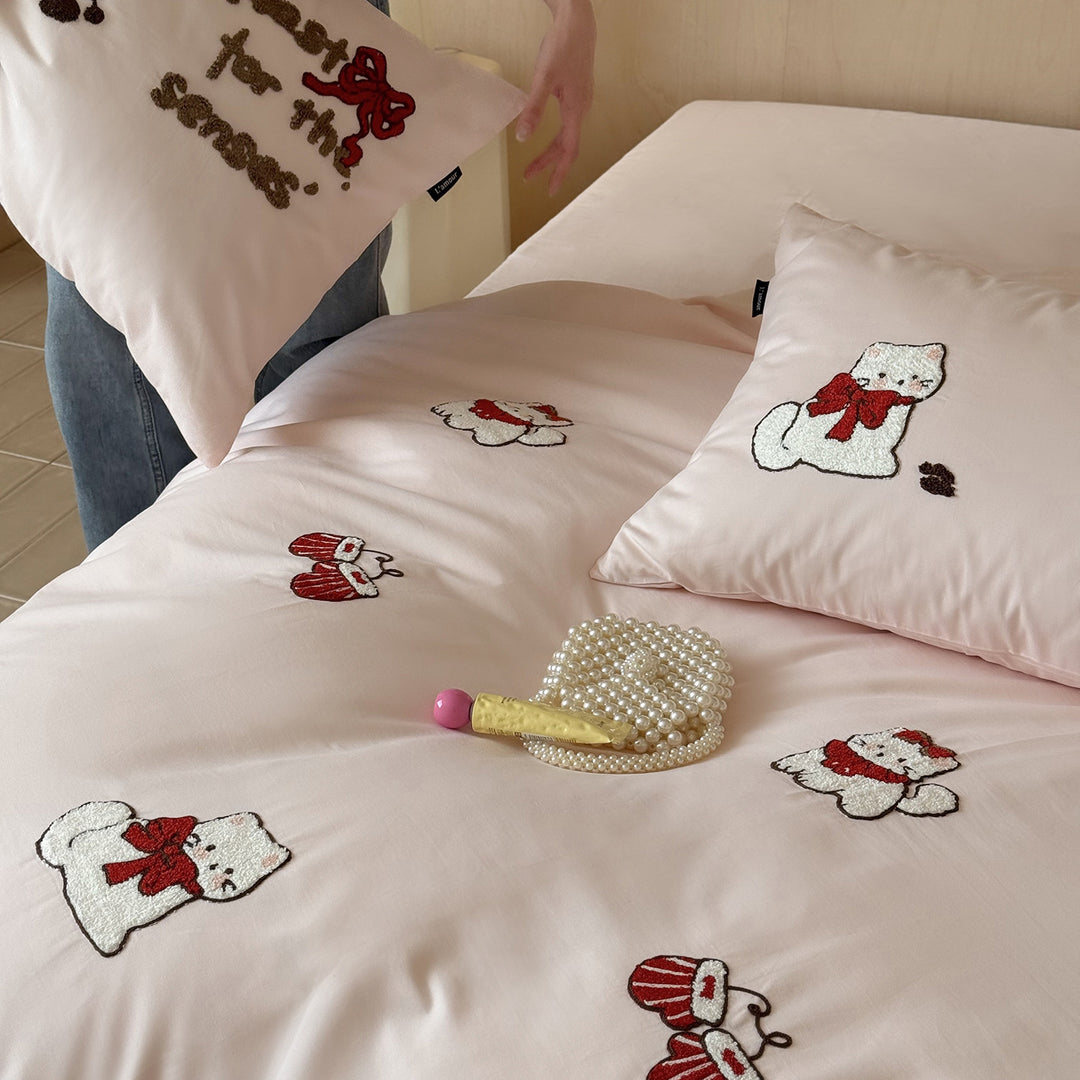 Embroidered Cotton Duvet Cover Set with Cute Cat Motif