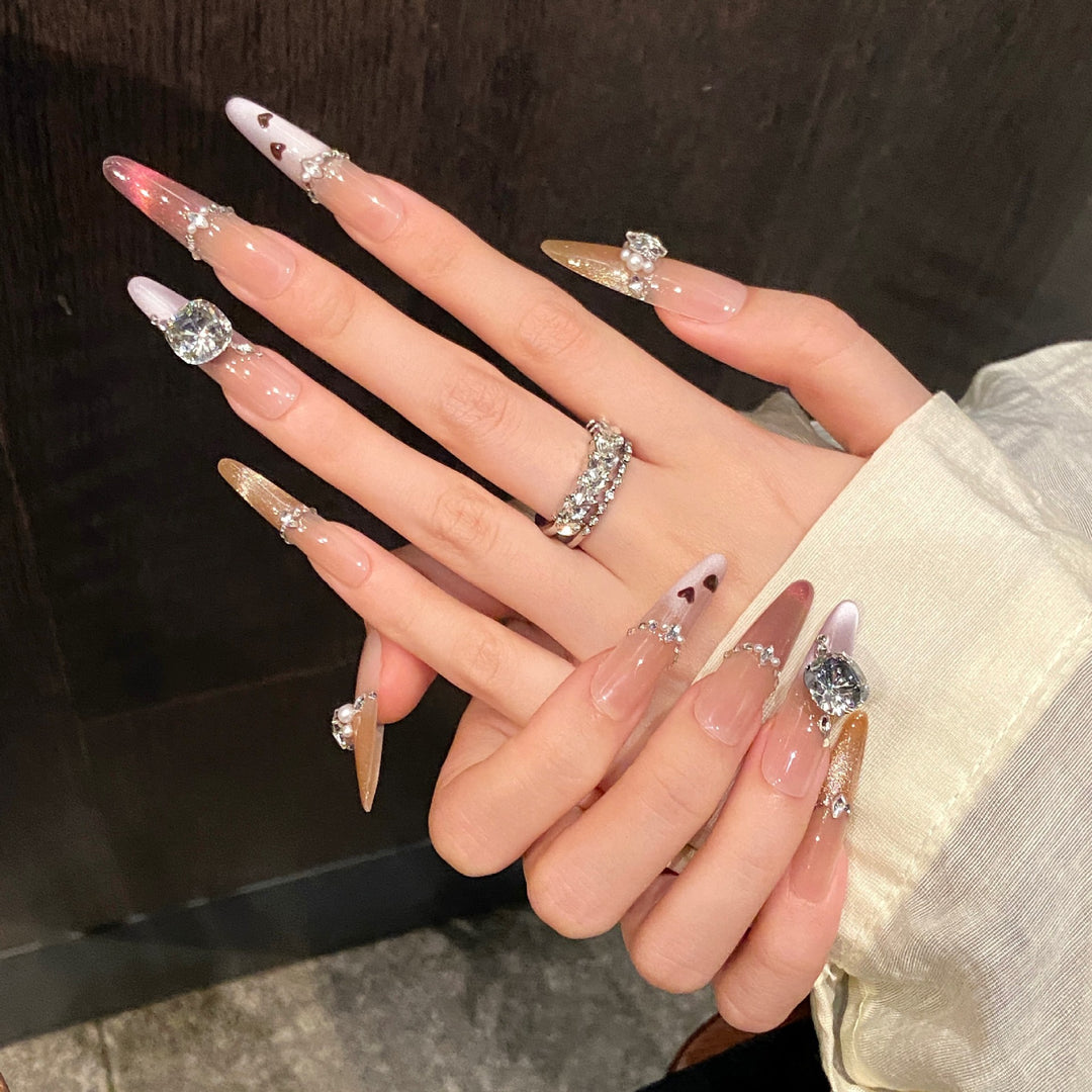 Glamorous Press-On Nail Set with Sparkling Gem Accents
