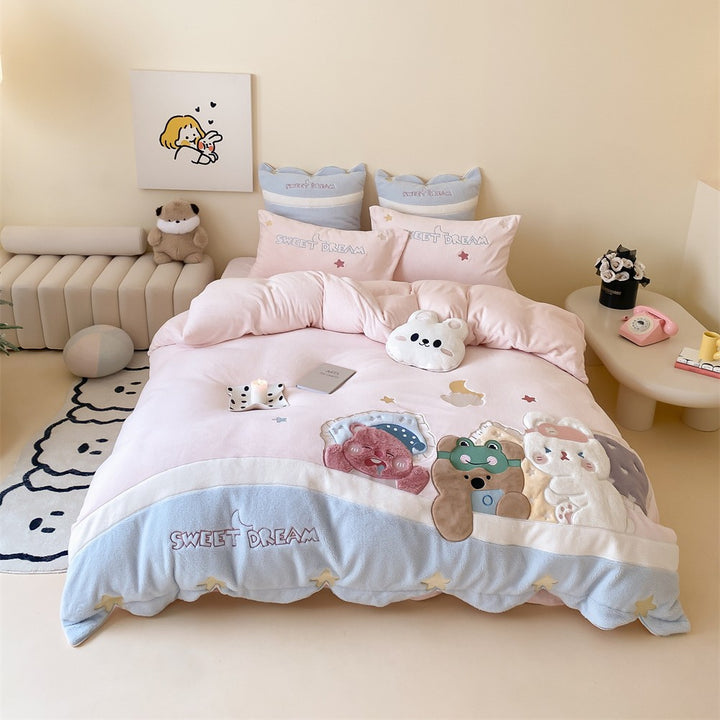 Cartoon Space-Themed Cotton Duvet Cover Set with Reversible Velvet Scallop Trim and Embroidered Astronaut Motifs