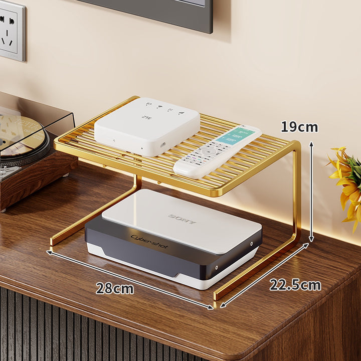 Two-Tier Ventilated Metal Electronics Organizer Shelf for Routers, Set-Top Boxes and Remotes