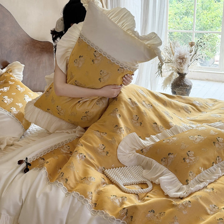 Ruffled Satin-Trim Quilted Duvet Cover Set with Lace Insets