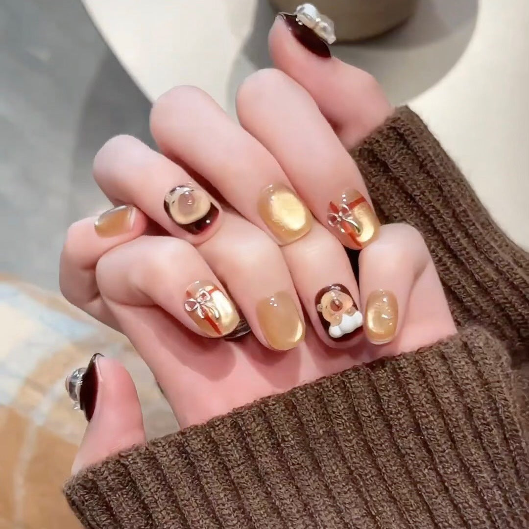 Artistic Bear-Themed Press-On Nails