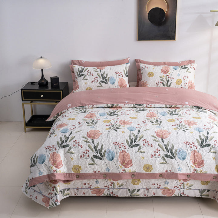 Quilted bedspread and bedding set with floral print, reversible function and decorative button placket