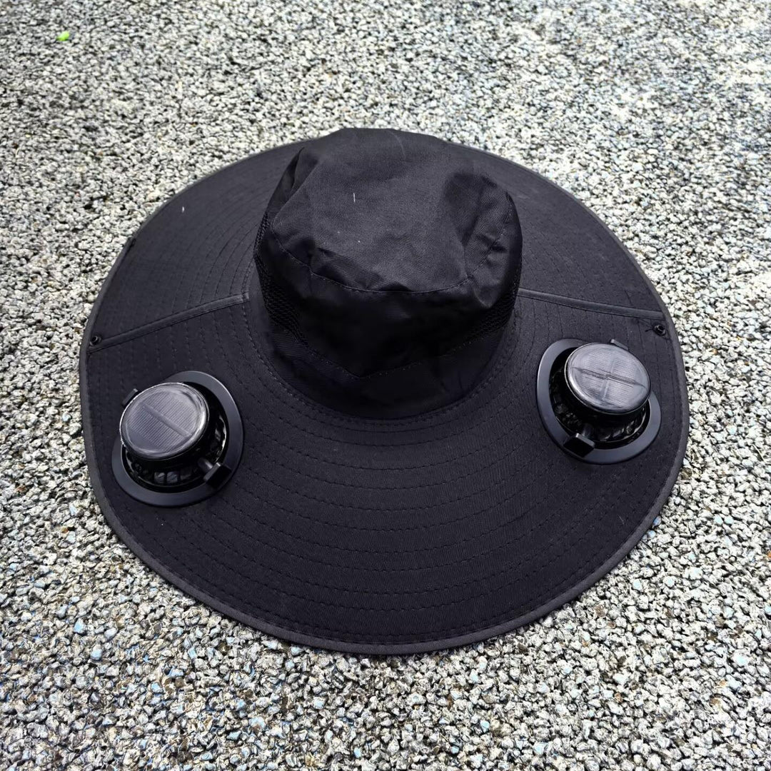Ventilated sun hat with integrated solar fans and wide brim Stornfield