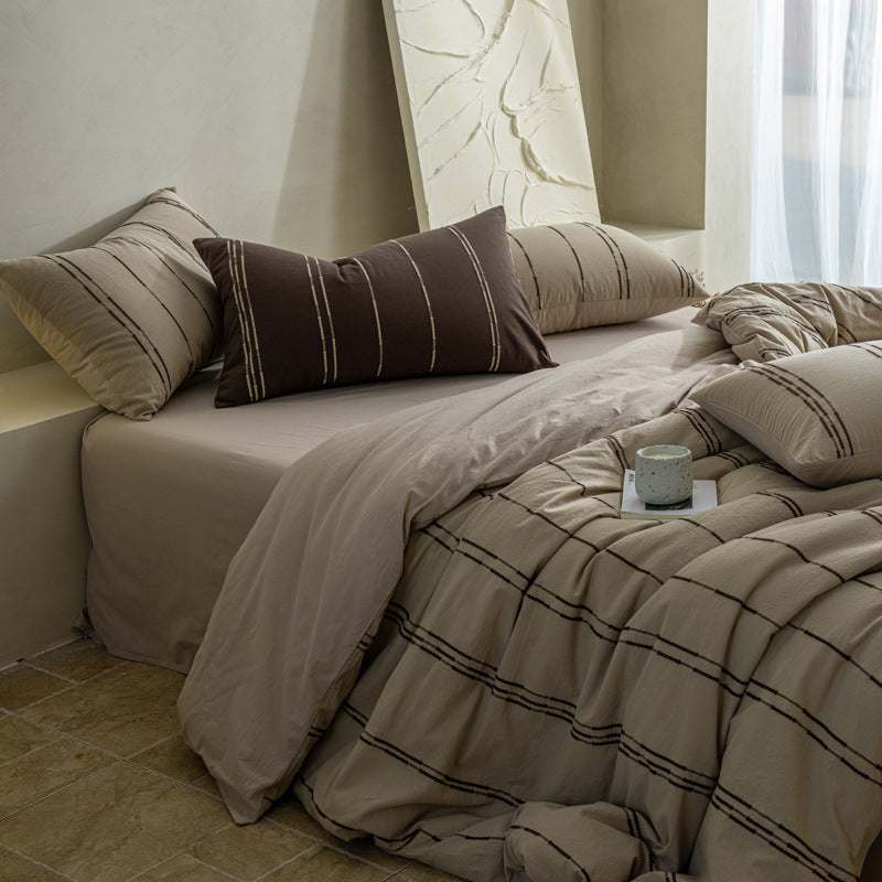 Natural cotton-linen duvet cover set with woven stripes and breathable structure