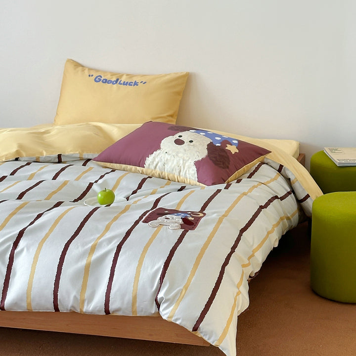 Children's bedding set with embroidered bear motif & fine stripe texture