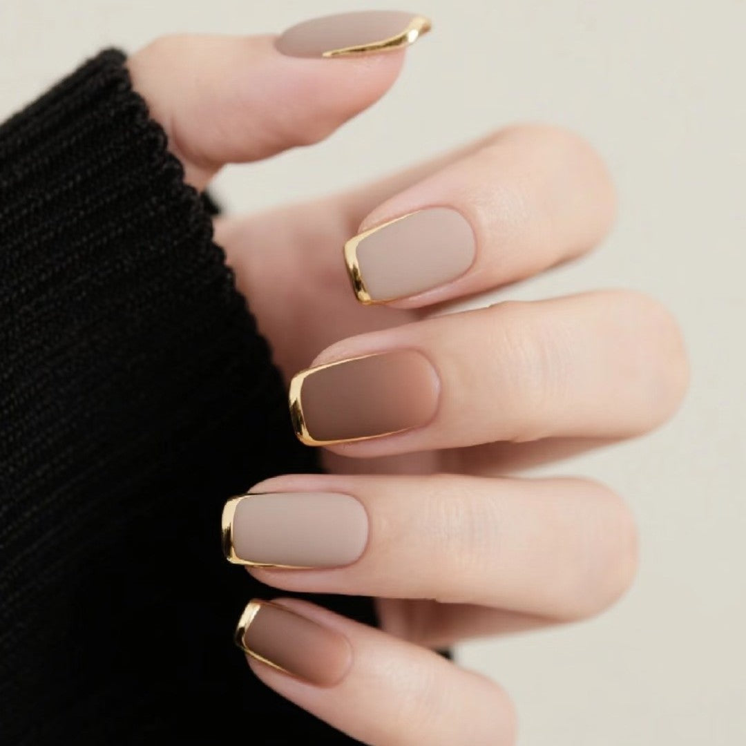 Luxury Mat Finish Press-On Nails with Gold Trim