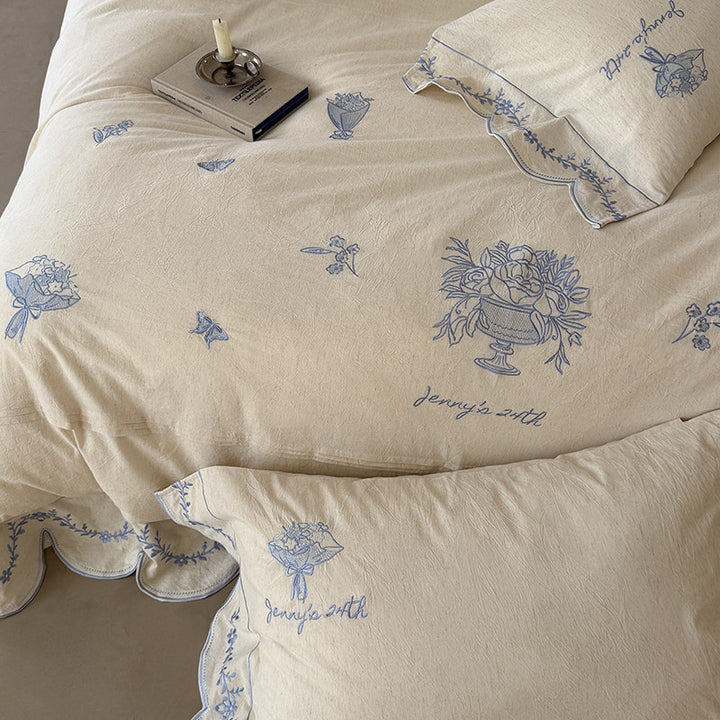 Embroidered Linen Duvet Cover and Pillowcase Set with Scalloped Edge