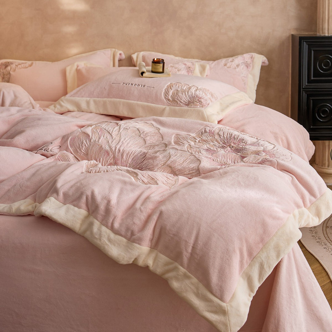 Plush Embroidered Peony Velvet Duvet Cover Ensemble