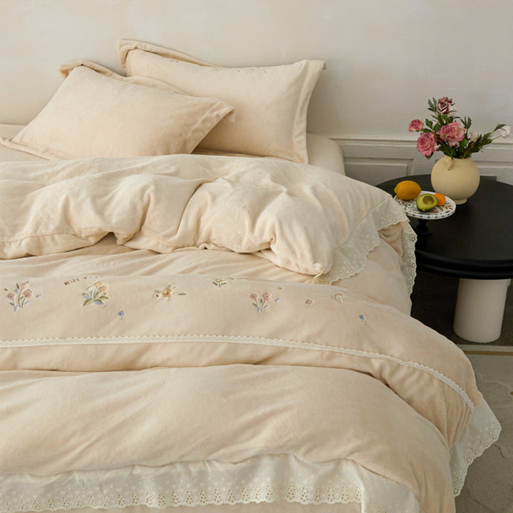 Embroidered Cotton Duvet Cover Set with Eyelet Lace Trim and Pillow Shams