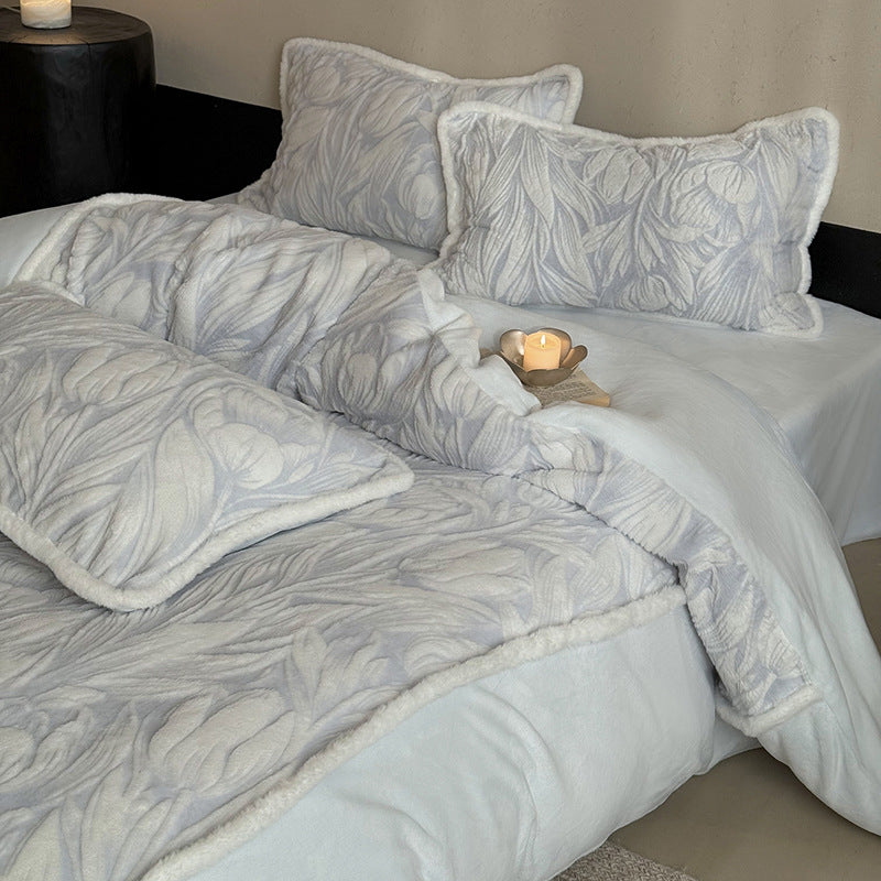 Botanical Embossed Quilted Duvet Cover Ensemble with Sherpa-Trim Reversible Throw and Euro Shams