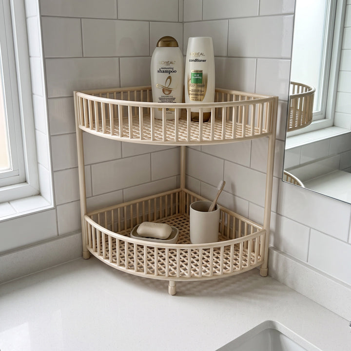 Corner Space-Saving Three-Tier Ventilated Mesh Storage Rack for Bathroom and Vanity
