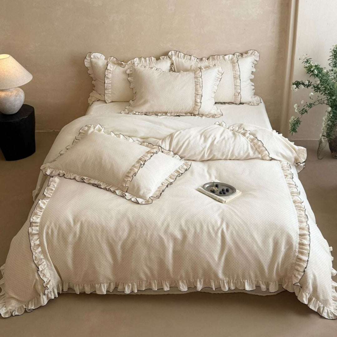 Cottage Ruffled Duvet Cover Ensemble with Microdot Cotton Sateen Frilled Hem and Piped Pillow Shams