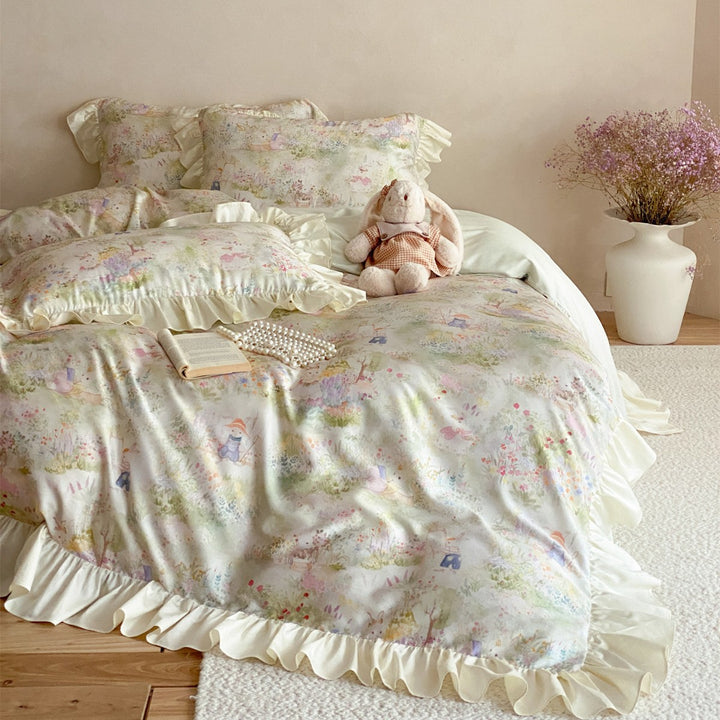 Luxury Ruffled Satin Duvet Cover Set with Pastel Floral Print and Pillow Shams