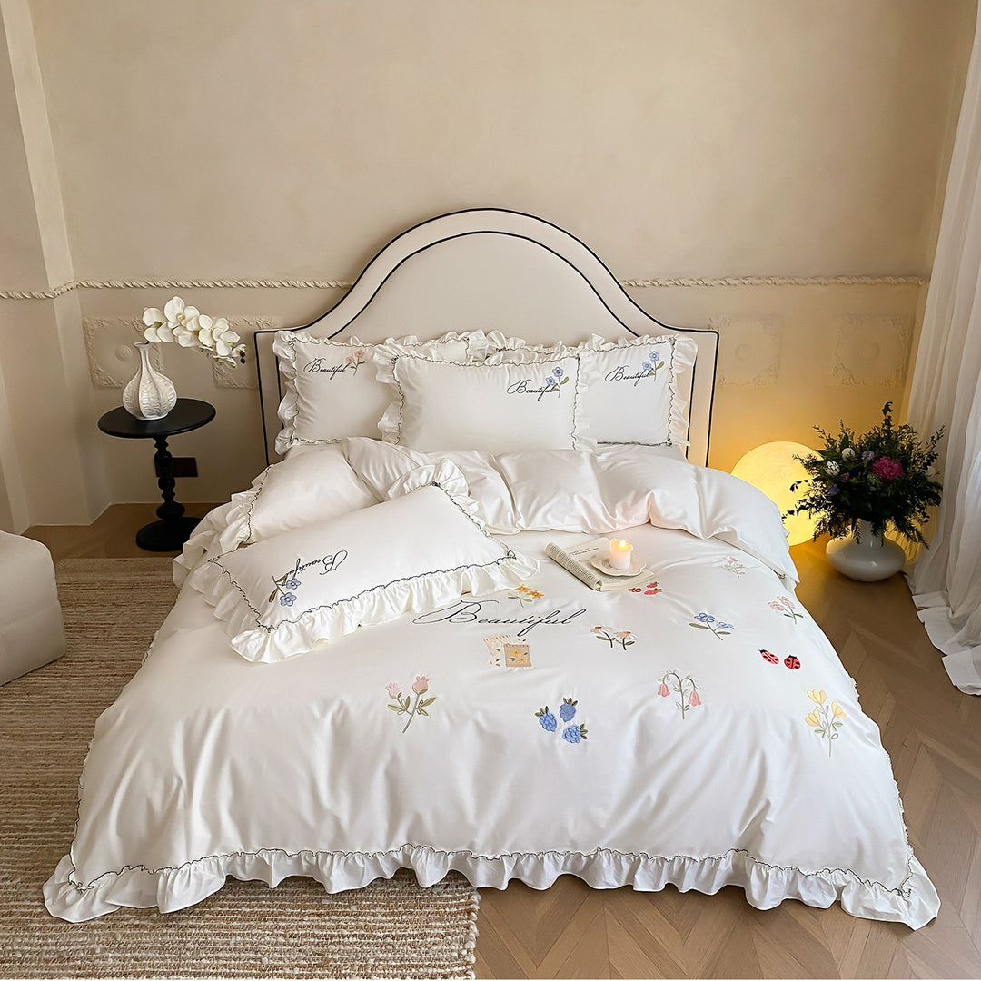 Ruffled Embroidered Cotton Sateen Duvet Cover Set with Floral Motifs