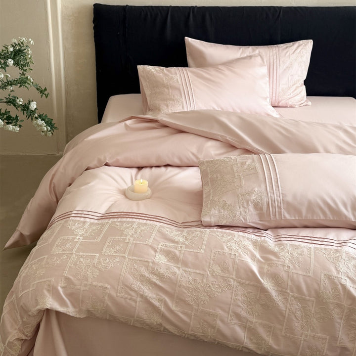 Embroidered Patchwork Motif Duvet Cover Set with Triple Pintuck Pillow Shams