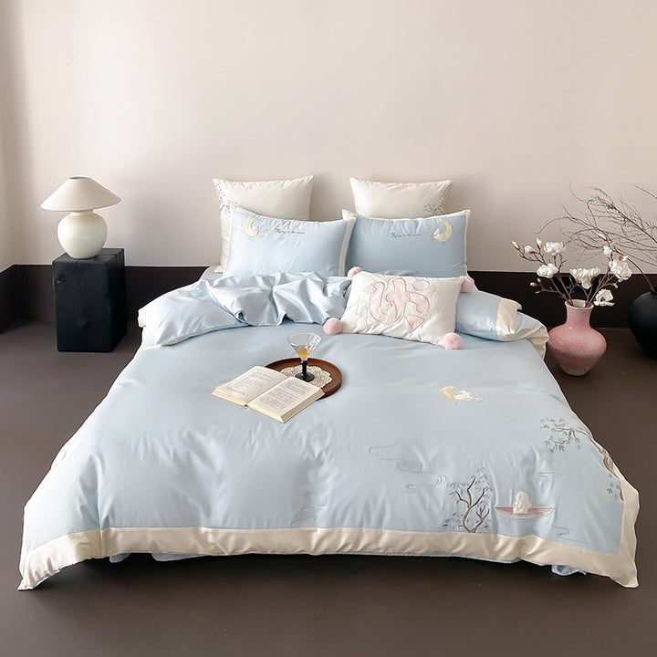 Luxury Cotton-Sateen Embroidered Duvet Cover Set with Satin Hem & Decorative Pillow Shams