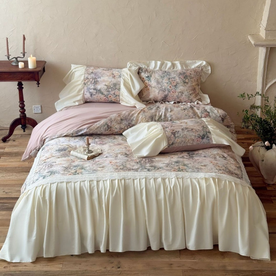 Romantic bedding set with ruffles and satin bed skirt