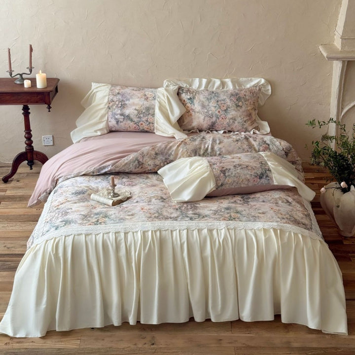 Romantic bedding set with ruffles and satin bed skirt