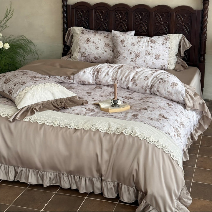 Victorian-Inspired Ruffled Lace-Trim Cotton-Sateen Duvet Cover Ensemble