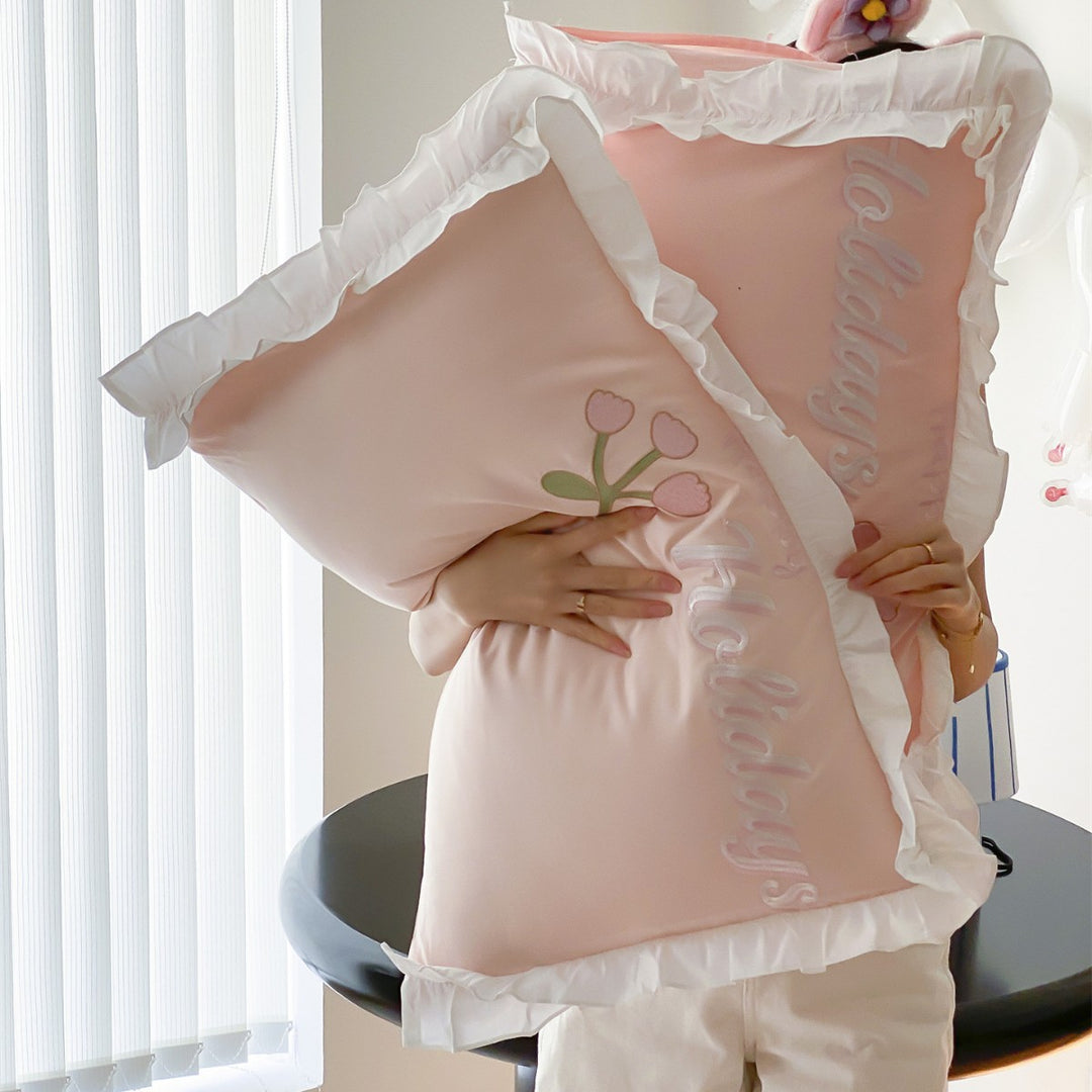 Ruffled Satin-Feel Duvet Cover Set with Embroidered Bunny and Teacup Motif