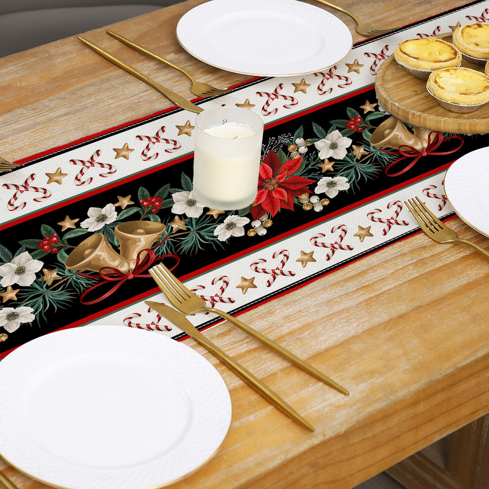 Holiday Buffalo-Check Cotton-Linen Decorative Table Runner with Golden Bells Wreath and Candy Cane Motif