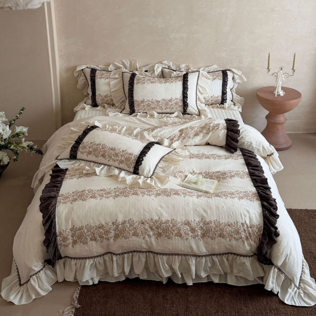 Floral Ruffled Cotton Linen Quilted Duvet Cover Set