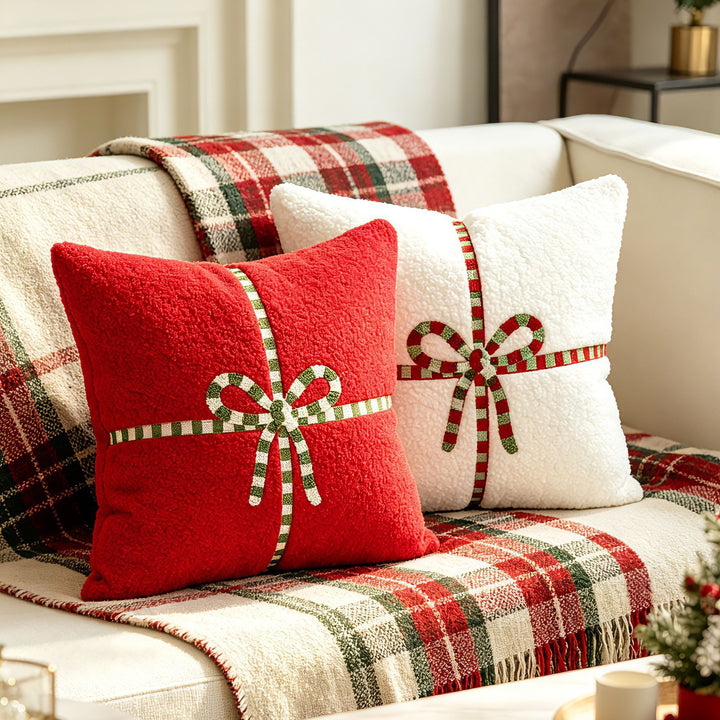 Holiday Textured Plush Throw Pillow with Embroidered Ribbon Bow