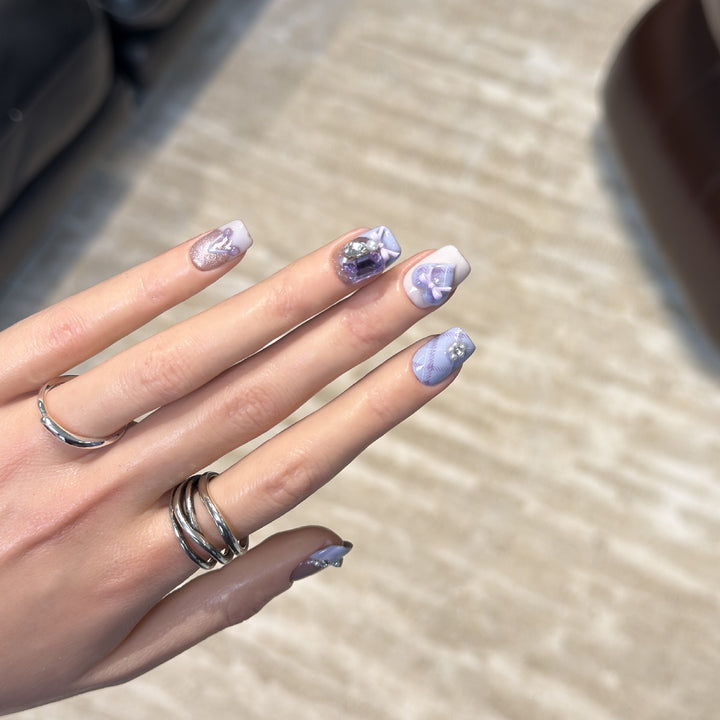 Decorative Luxury Press-On Nail Set with Elegant Bow and Gemstone Accents Stornfield