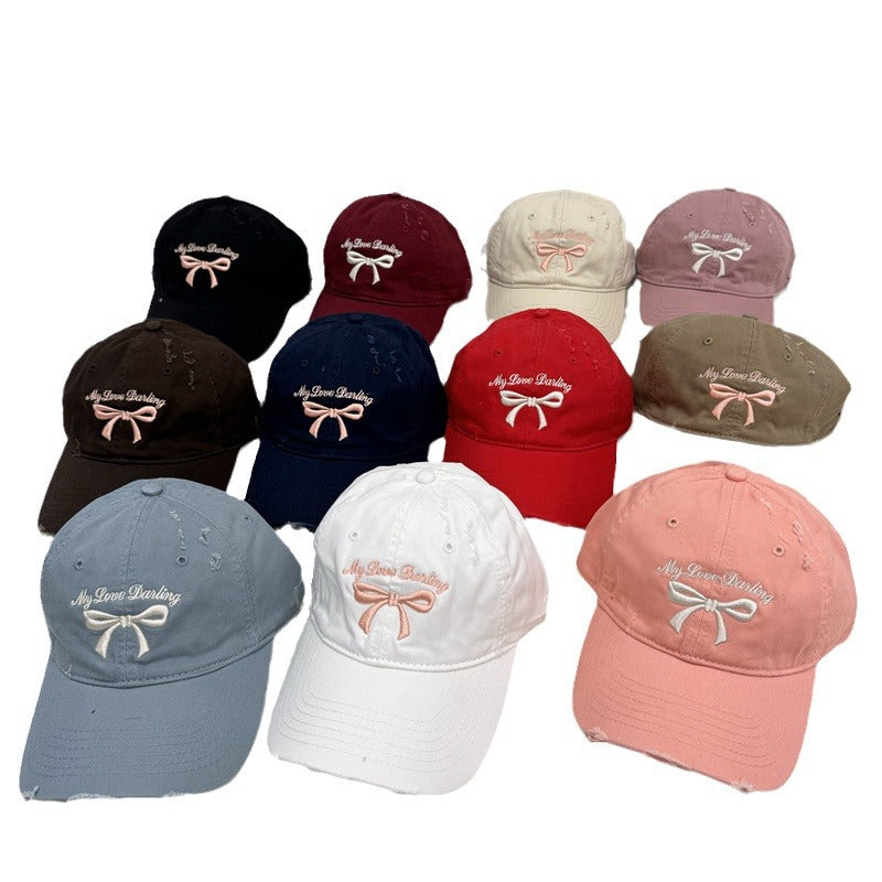 Women's Distressed Cotton Baseball Cap with Bow Embroidery Stornfield