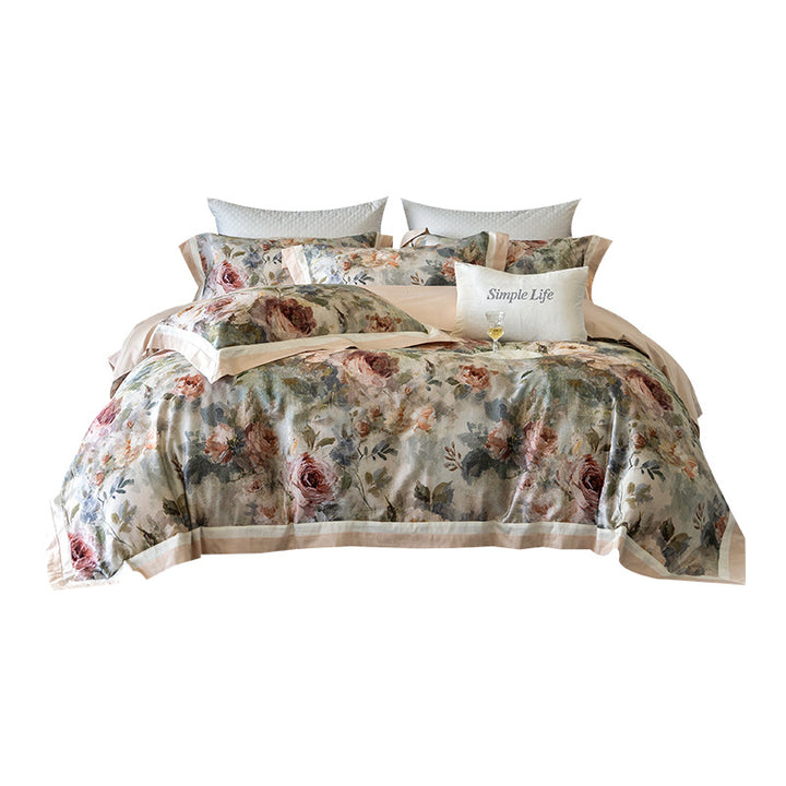 Vintage Painterly Floral Brushed Microfiber Duvet Cover Set with Contrast Ribbon Border