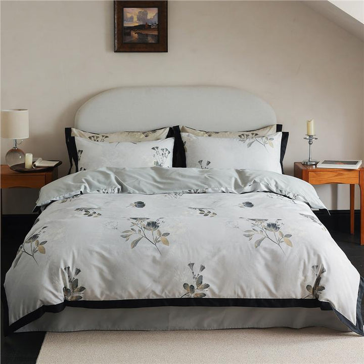 Luxury Cotton-Sateen Botanical Duvet Cover Set with Contrast Piped Hem & Euro Shams