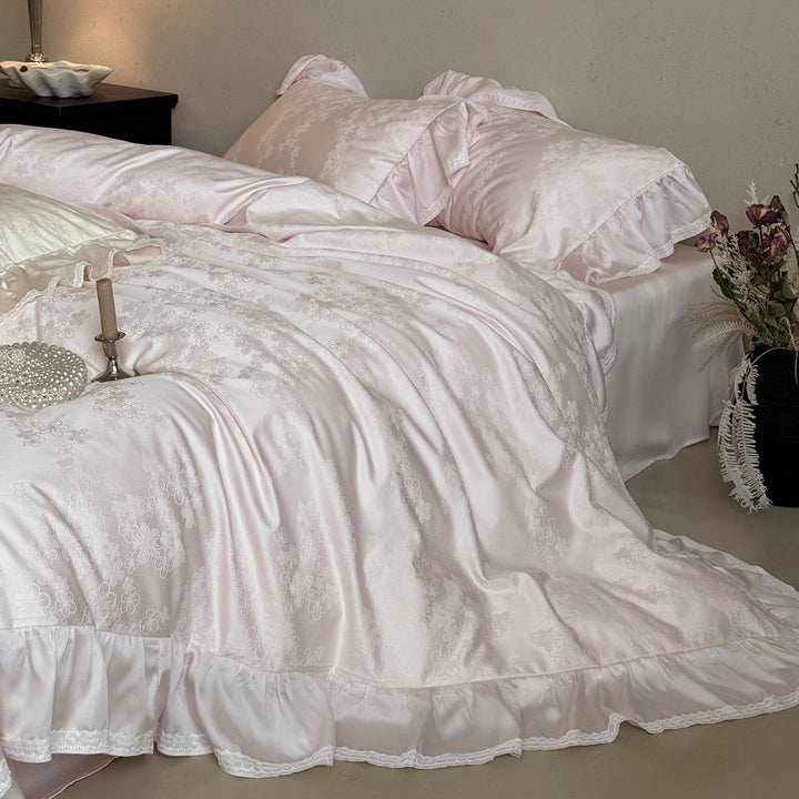 Ruffled Satin-Jacquard Duvet Cover Set with Scalloped Lace-Trim Pillow Shams