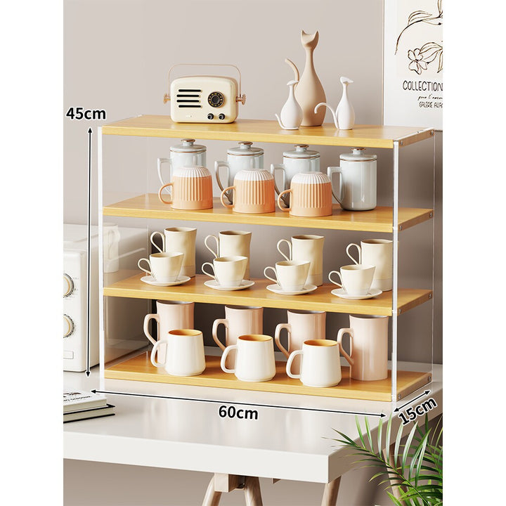 Compact Multi-Level Countertop Cup and Mug Display Shelf with Bamboo Shelves and Transparent Sides