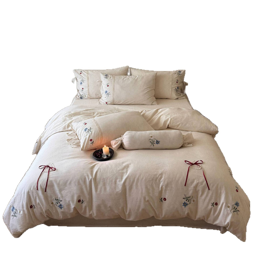 Embroidered Washed-Linen Duvet Cover Set with Lace-Edge and Ribbon-Tie Pillow Shams