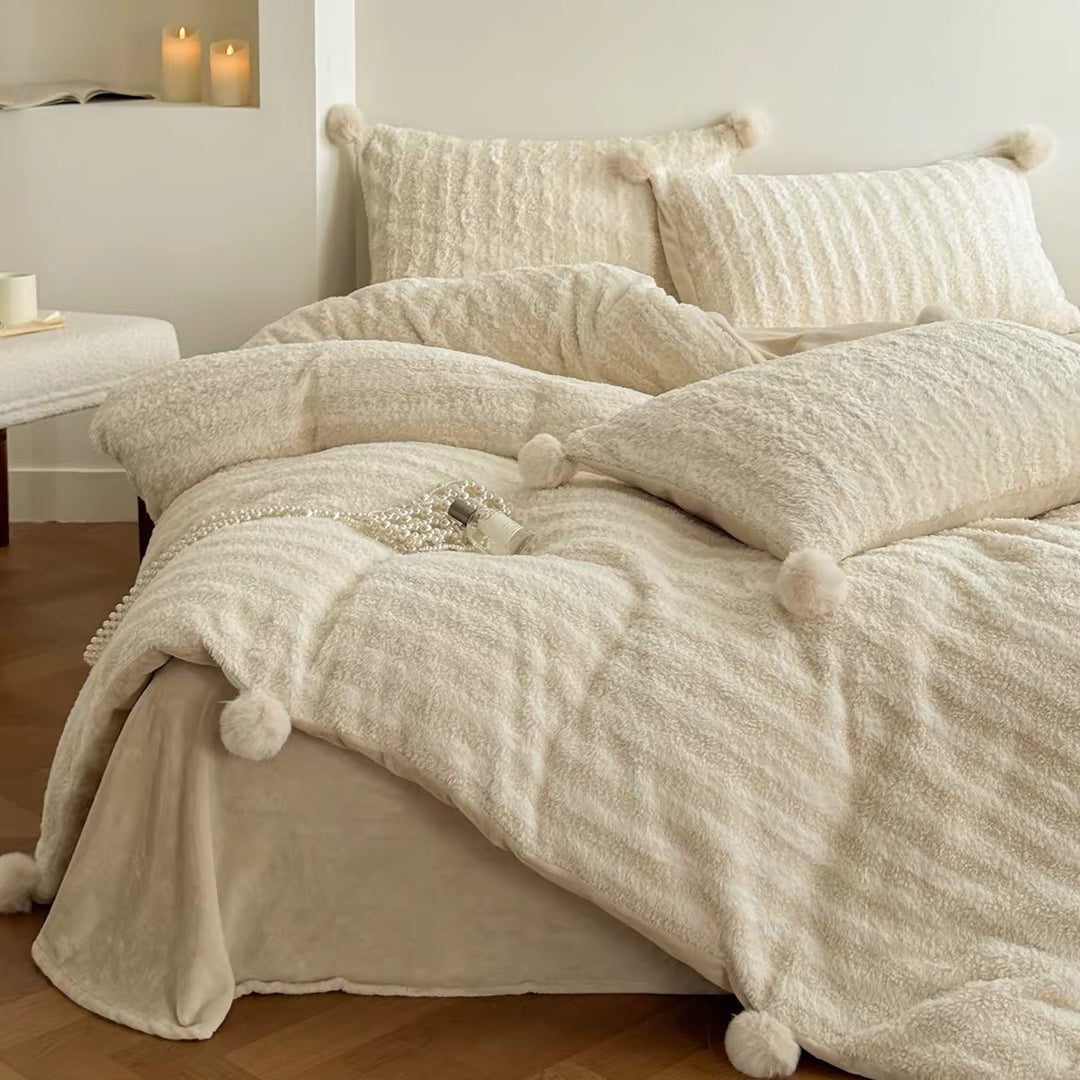 Luxury Faux-Sherpa Pom-Pom Duvet Cover Set