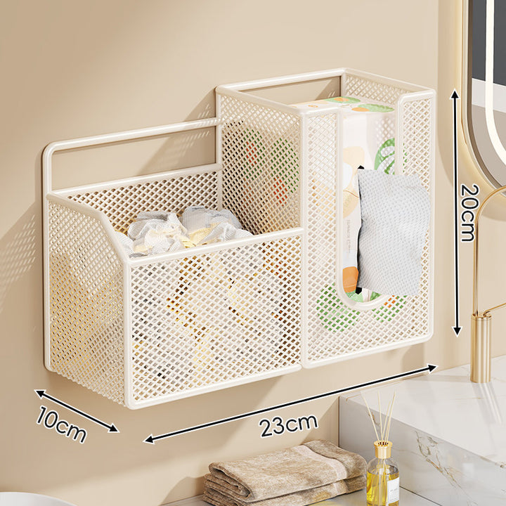 Wall-Mounted Mesh Bathroom Organizer Dual-Compartment Tissue & Accessory Holder