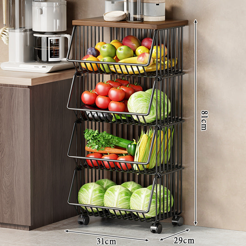 Multi-Tier Rolling Kitchen Pantry Cart with Wood Top and Deep Wire Storage Baskets
