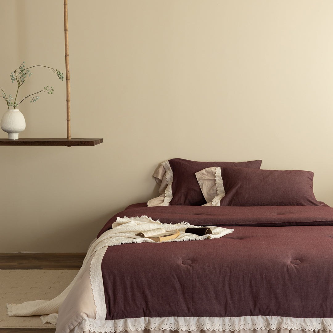 Ruffled Lace-Trimmed Linen Duvet Cover & Tufted Comforter Set