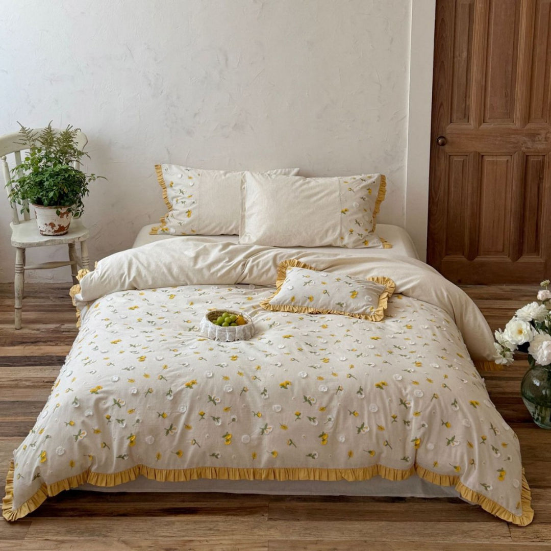 Embroidered Floral Ruffled Duvet Cover Set with Pleated Ruffle Edge and Matching Shams