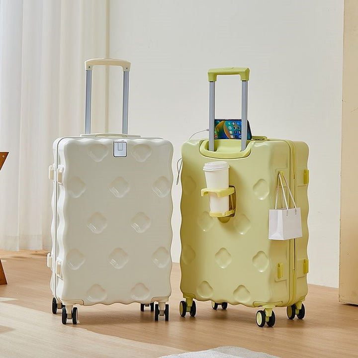 hard-shell carry-on suitcase with integrated foldable cup holder phone cradle USB charging port and external bag hooks Stornfield