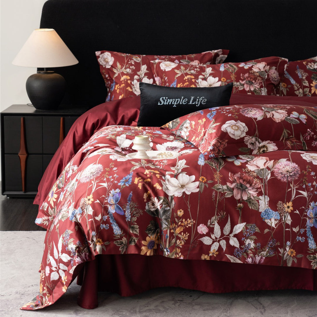 Meadow-Print Cotton Sateen Duvet Cover Set with Reversible Solid Back & Euro Shams