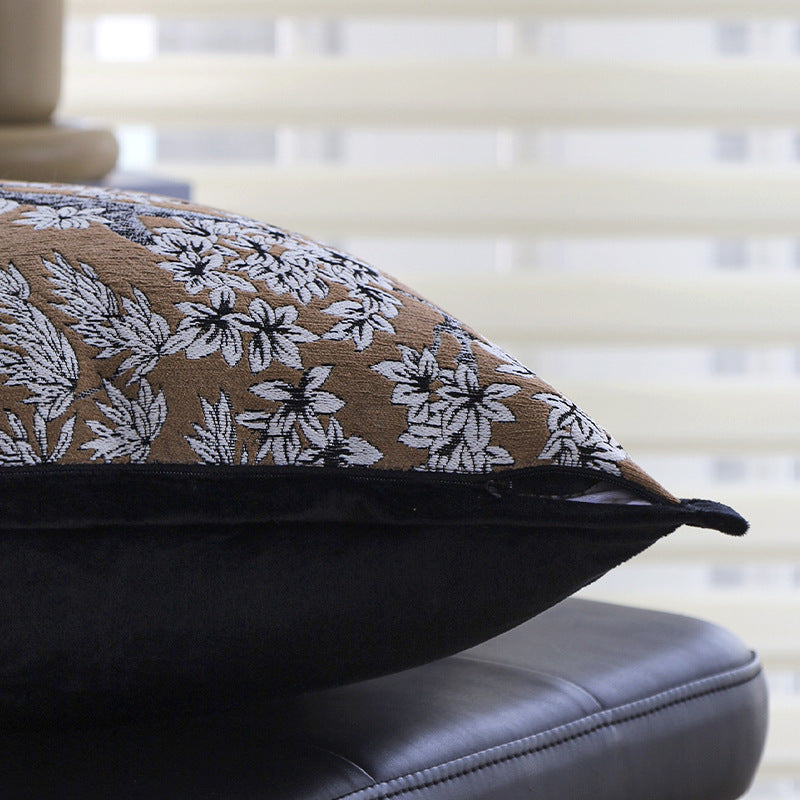 Square embroidered cushion cover made of cotton-linen blend with floral jacquard texture and velvet piping Stornfield