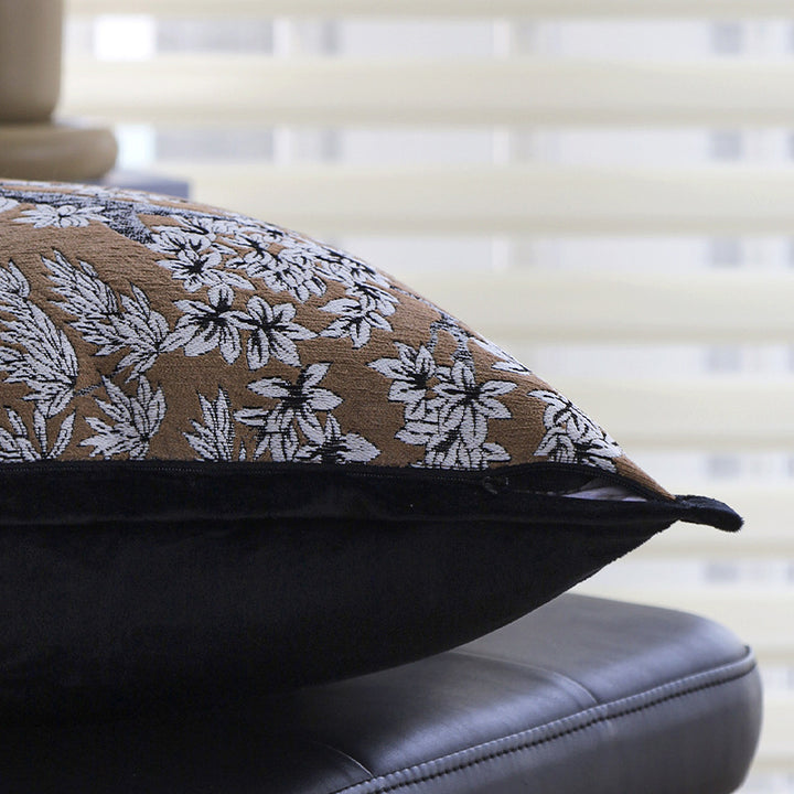 Square embroidered cushion cover made of cotton-linen blend with floral jacquard texture and velvet piping Stornfield