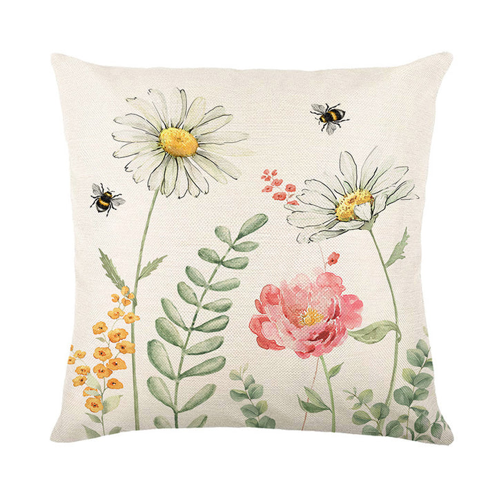 Square Cotton-Linen Throw Pillow Cover with Watercolor Daisies Bee Illustration & 'Home Sweet Home' Script