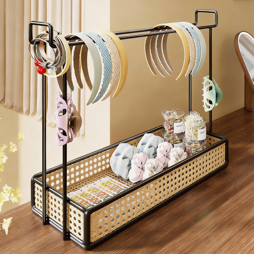 Headband and Hair Accessory Organizer Stand with Mesh Storage Tray