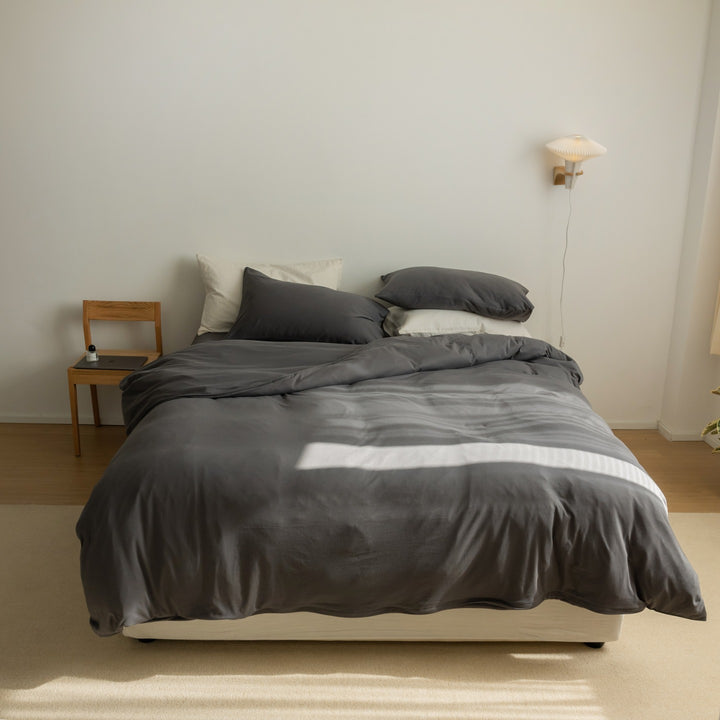 Minimalist Breathable Cotton Percale Duvet Cover Set with Hidden Zip and Pillow Shams